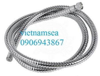 Polished stainless steel shower hose.